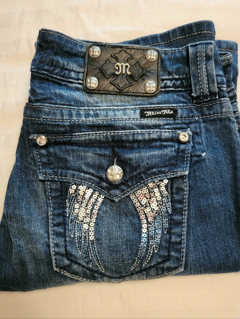 Miss Me Silver & Blue Sequined Wing Pocket Dark Wash Boot Cut Jeans, Size 31